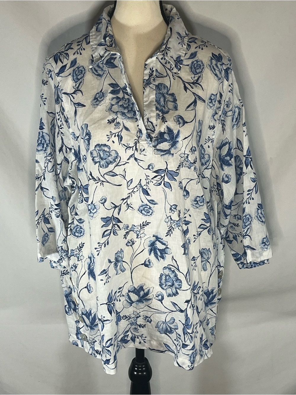 Cynthia Rowley 100% Linen Blue White Toile Print Pullover Tunic Blouse Top XL